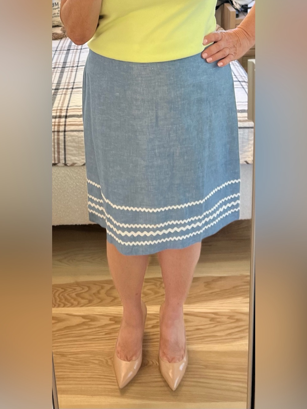 Ann Taylor Denim Light Blue Midi Skirt with White Zigzag Hem size 12